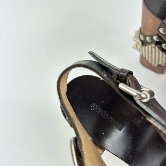 Rare Roberto Cavalli Brown Leather Embellished Buckle Detail Wedge - Picture 13 of 15